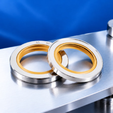 stainless steel oil seals with yellow PTFE lips, two overlapping seals on a brushed metal surface; supplied by IKSONIC in China.
