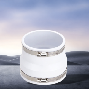 Front view of an IKSONIC white flexible PVC ventilation duct coupling with two metal band clamps and an open circular top.