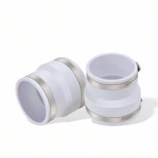 Two white flexible ventilation duct couplings with metal band clamps, one upright and one on its side.