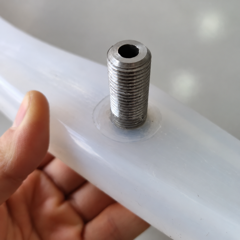 Open threaded metal valve on a translucent inflatable seal, available from IKSONIC in China.