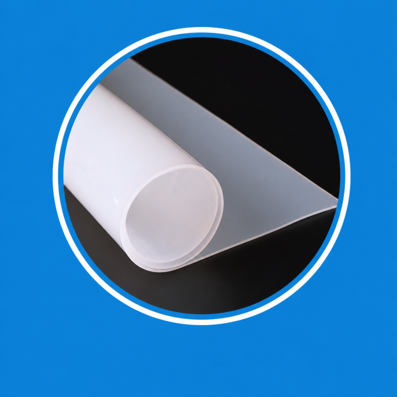 Rolled translucent silicone rubber sheet with a flat section, shown in a circular frame on blue; IKSONIC wholesale silicone sheet supply.