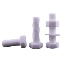 White PTFE hex-head bolts with nut and washer examples on a white background, IKSONIC wholesale supplier.