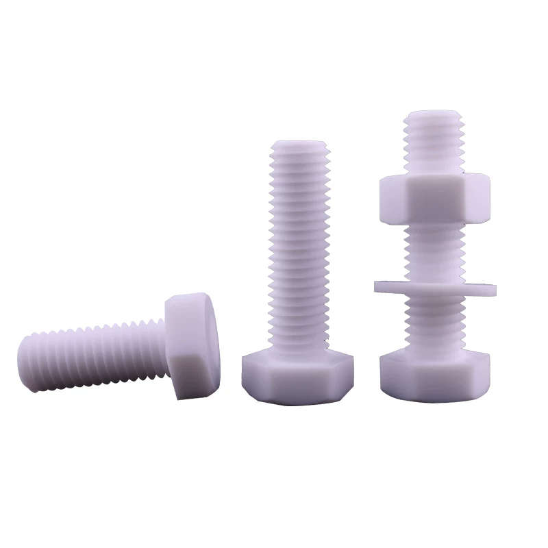 iksonic-white-ptfe-hex-bolts-wholesale White PTFE hex-head bolts with nut and washer examples on a white background, IKSONIC wholesale supplier.