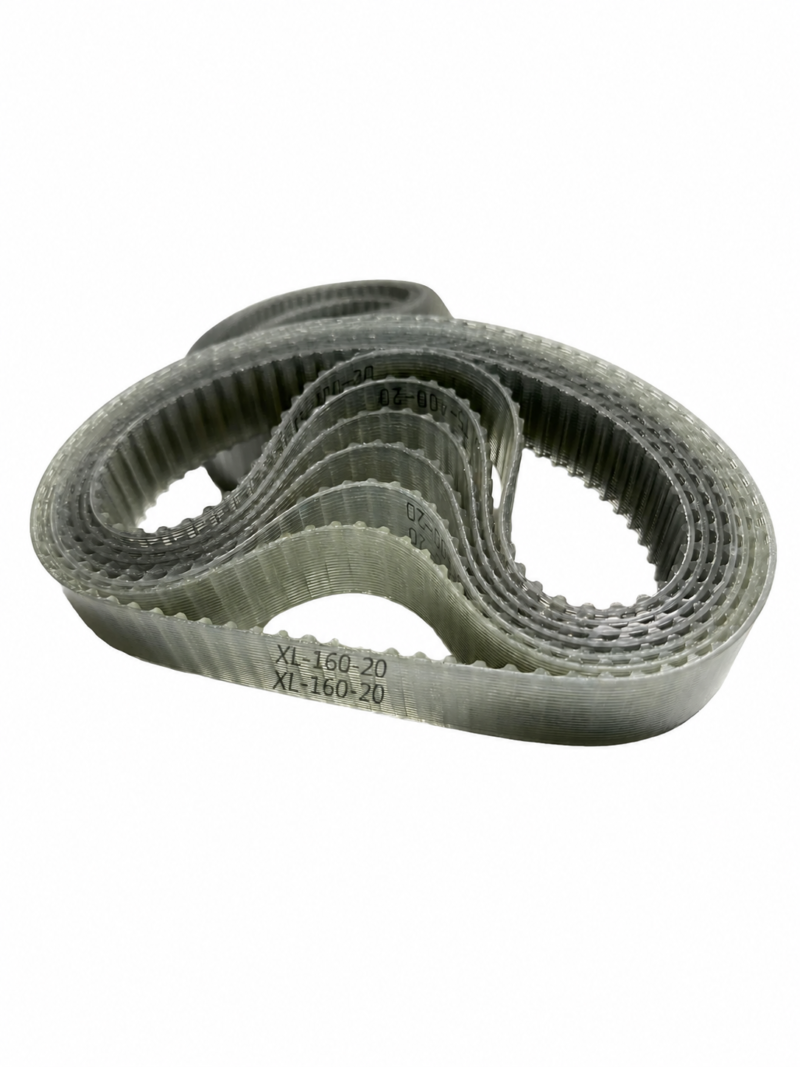 iksonic-xl-pu-timing-belt-front-markings IKSONIC supplier photo of nested XL polyurethane timing belts with visible steel-wire reinforcement, inner teeth and original XL-160-20 markings on the front belt.