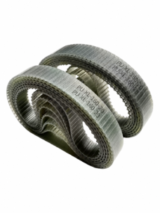 IKSONIC supplier photo of translucent steel-reinforced XL polyurethane timing belt coils in an angled looped arrangement, showing teeth and original PU XL-160-20 markings.