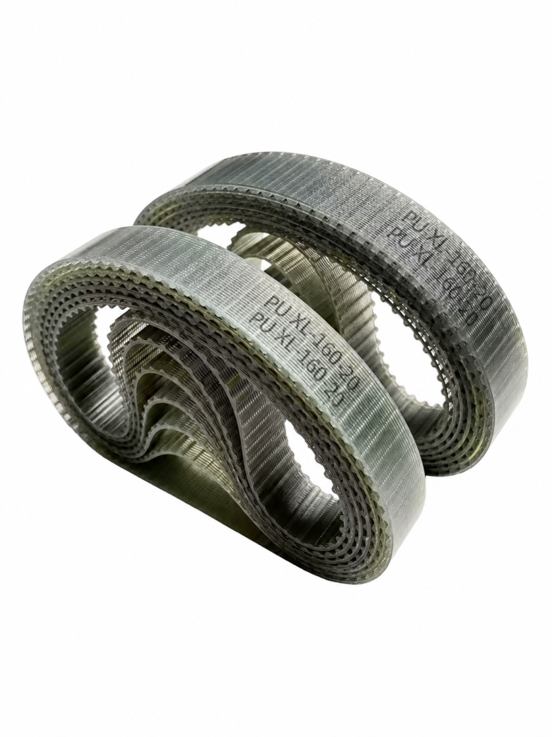 IKSONIC supplier photo of translucent steel-reinforced XL polyurethane timing belt coils in an angled looped arrangement, showing teeth and original PU XL-160-20 markings.