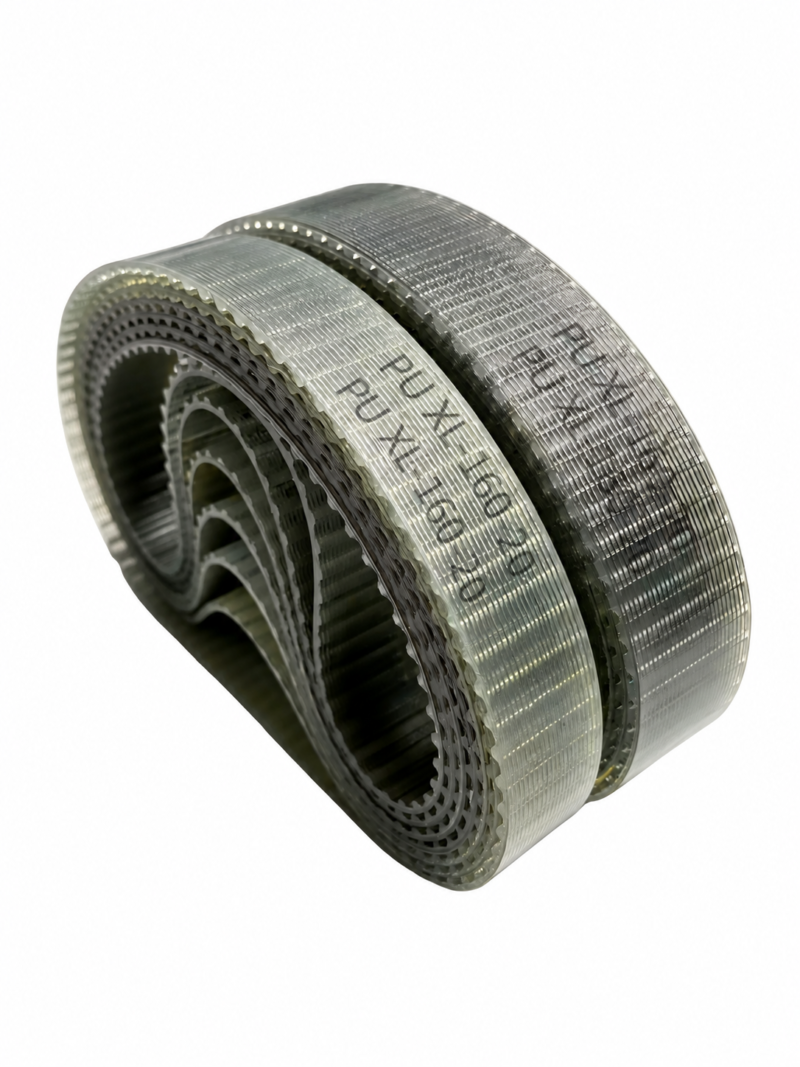 IKSONIC supplier photo of upright translucent XL polyurethane timing belt coils, showing layered inner teeth, steel-wire texture and original PU XL-160-20 markings.