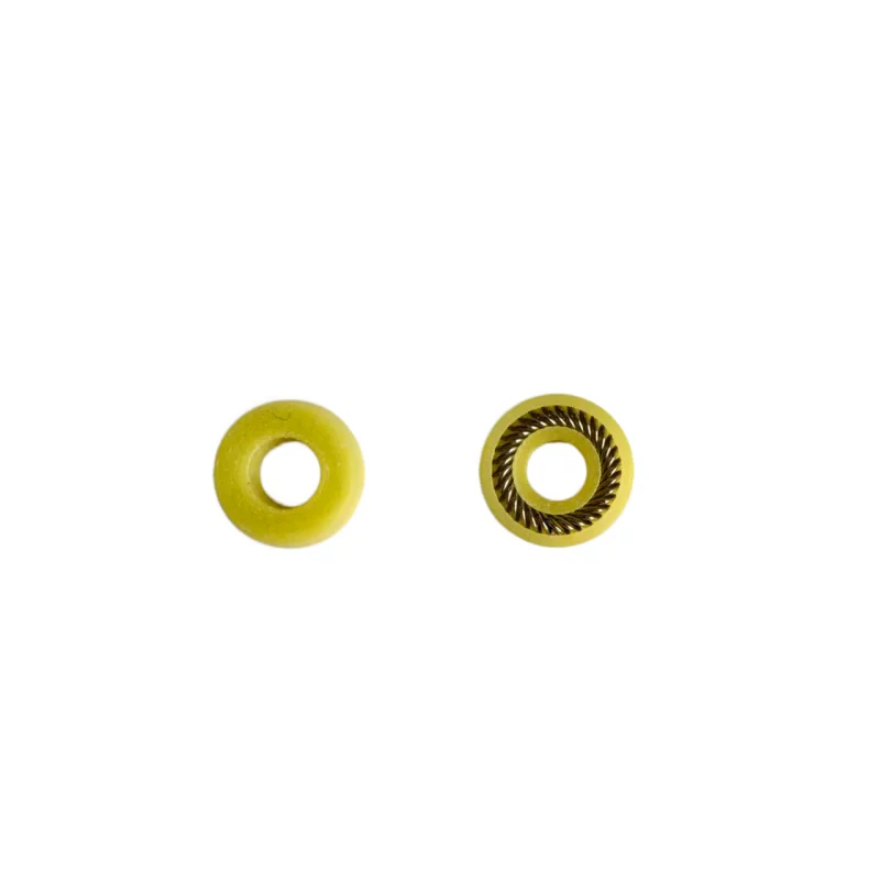 Front and reverse views of a yellow canted-spring dispensing seal, IKSONIC product detail.