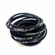 Stacked black Mitsuboshi V-belts viewed from above, showing loop profiles and printed markings.