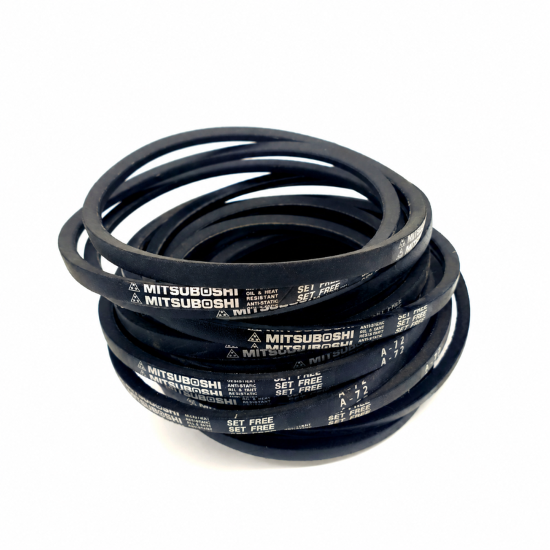 Stacked black Mitsuboshi V-belts viewed from above, showing loop profiles and printed markings.