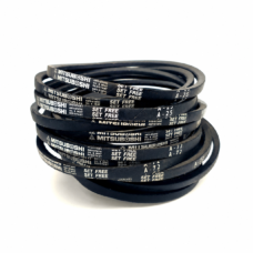 Stacked black Mitsuboshi V-belts viewed from the side, showing printed belt markings.