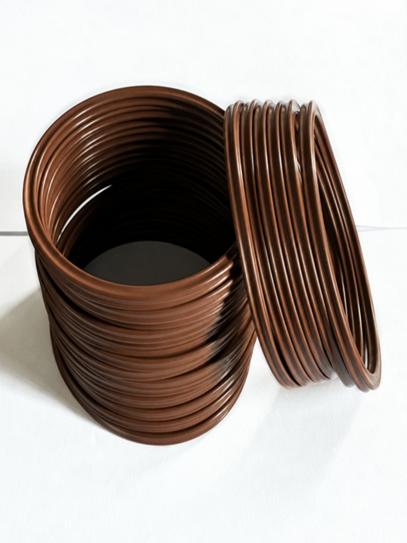 Imported FKM X-Rings - 6.99 mm Cross-Section Stacks of brown sealing rings with grooved profiles.