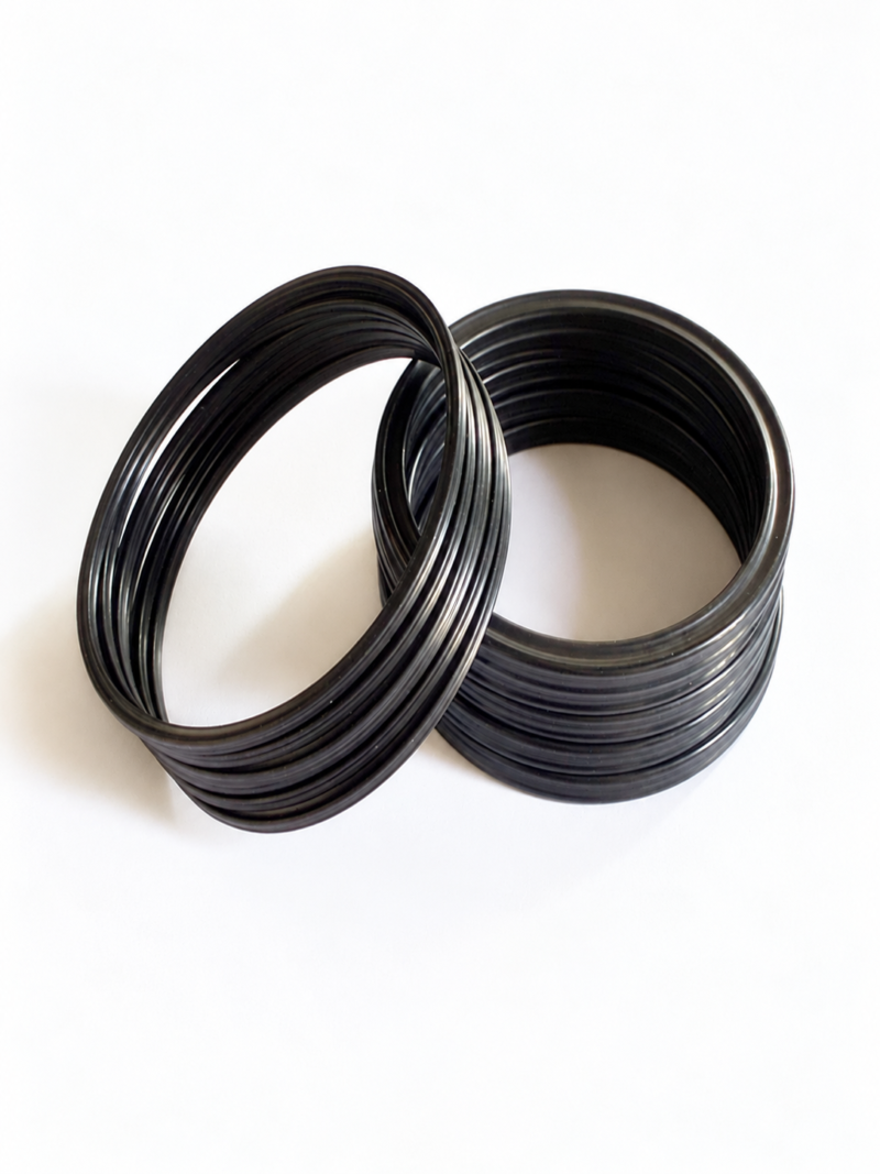 Imported NBR X-Rings - 6.99 mm Cross-Section Stacks of black sealing rings with grooved profiles.