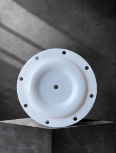 White pump diaphragm with eight perimeter mounting holes and a central opening.