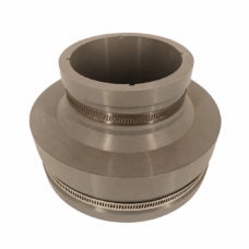 Grey stepped reducer pipe connector with two metal hose clamps.