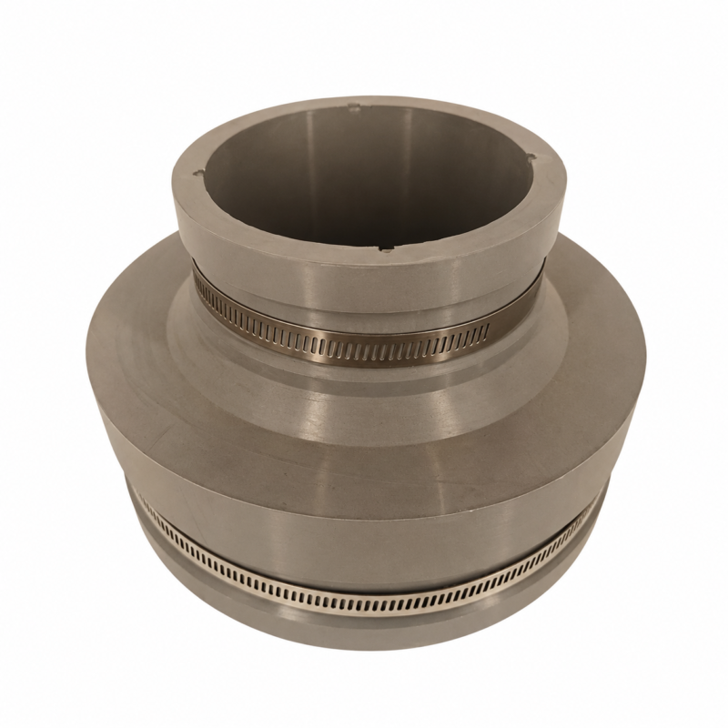 Reducing flexible pipe connector with clamps Grey stepped reducer pipe connector with two metal hose clamps.