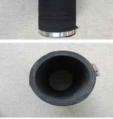 Detail photographs of a black pipe connector showing a metal clamp, fabric-textured outer wall and reinforced open rim.