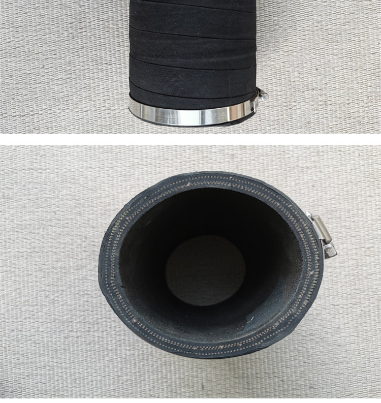 Detail photographs of a black pipe connector showing a metal clamp, fabric-textured outer wall and reinforced open rim.
