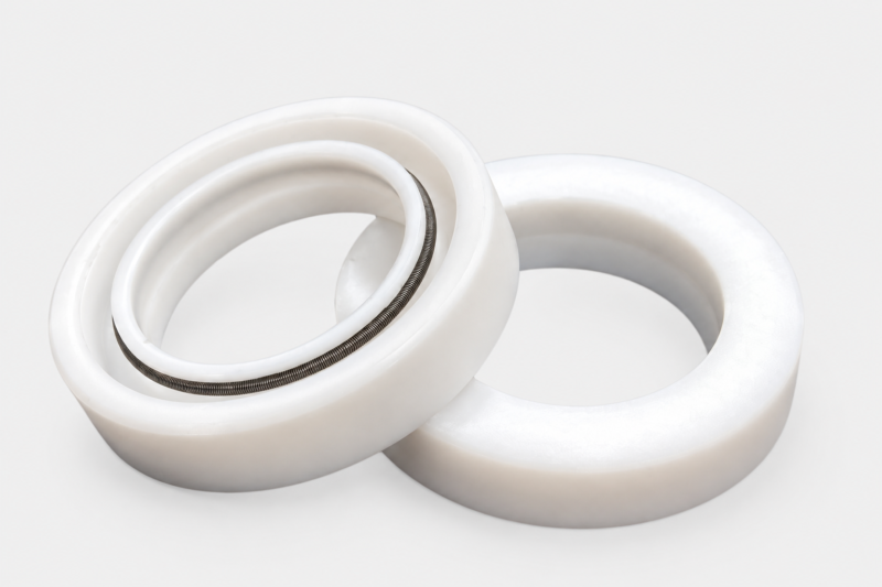 Two overlapping white TC rotary shaft seals with the spring and inner lip visible on the front seal.